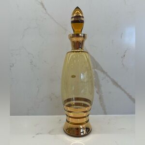 Vintage Bohemian Czech Amber Glass Decanter with Gold Bands and Stopper MCM